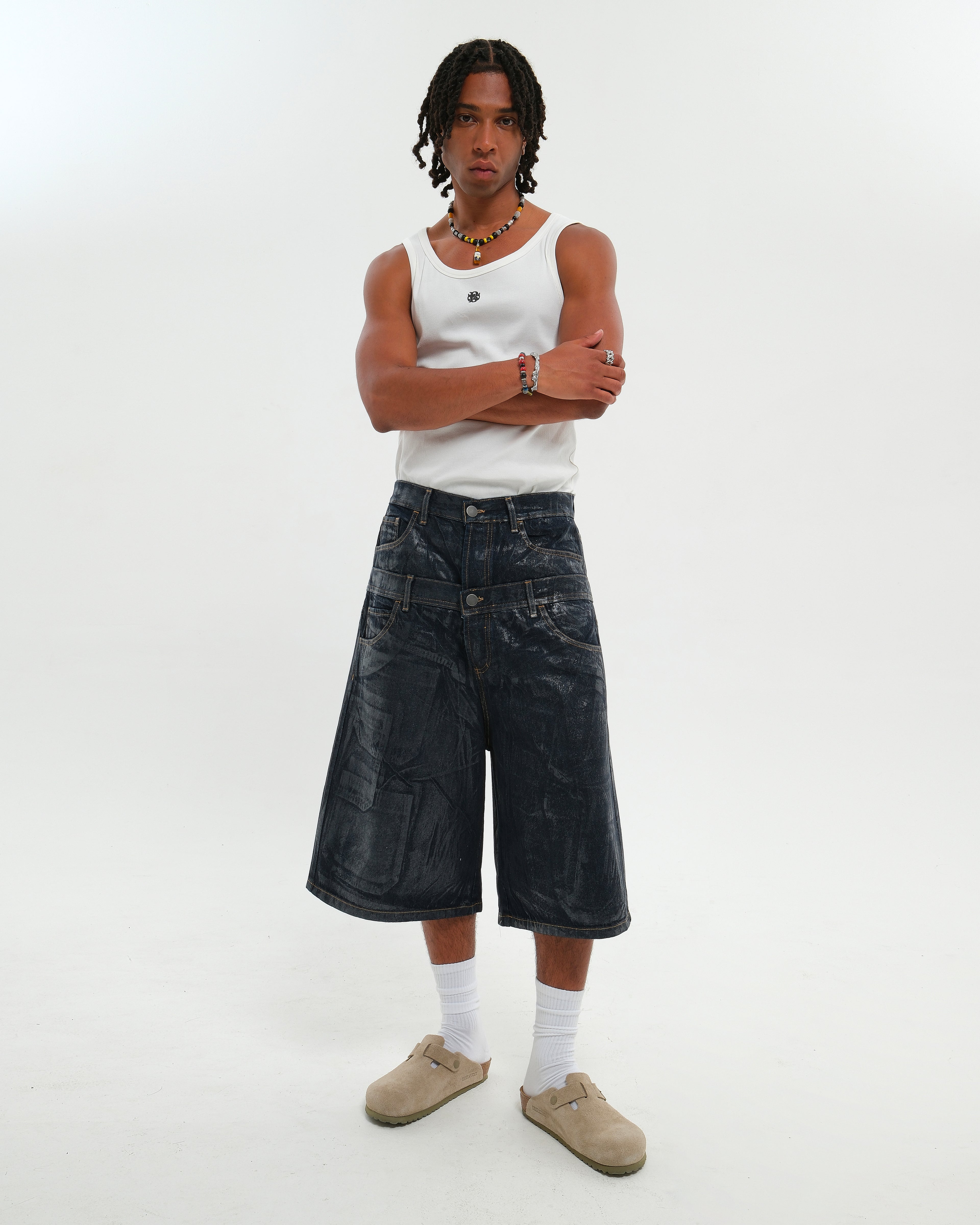 DOUBLE RAW DENIM JORTS