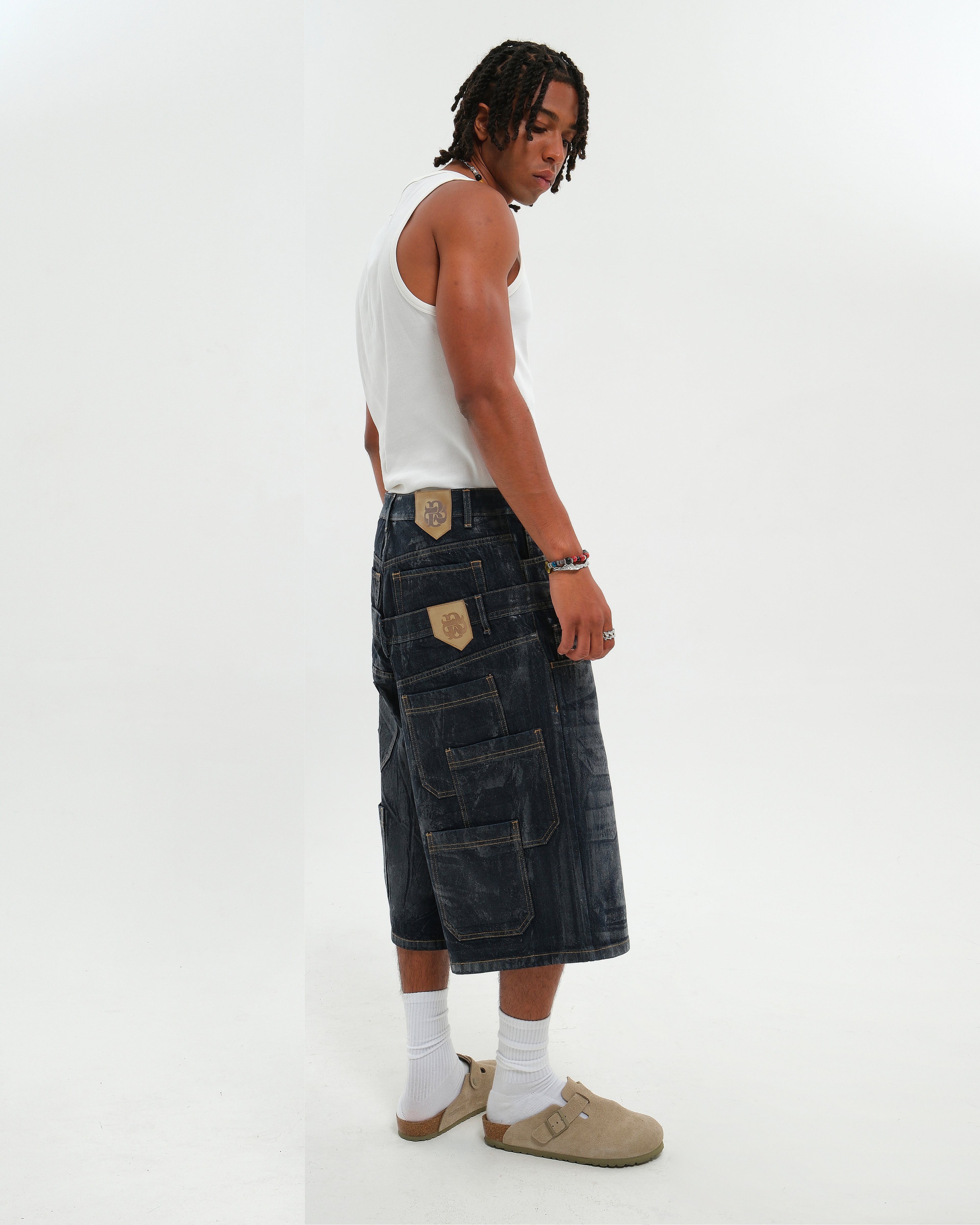 DOUBLE RAW DENIM JORTS