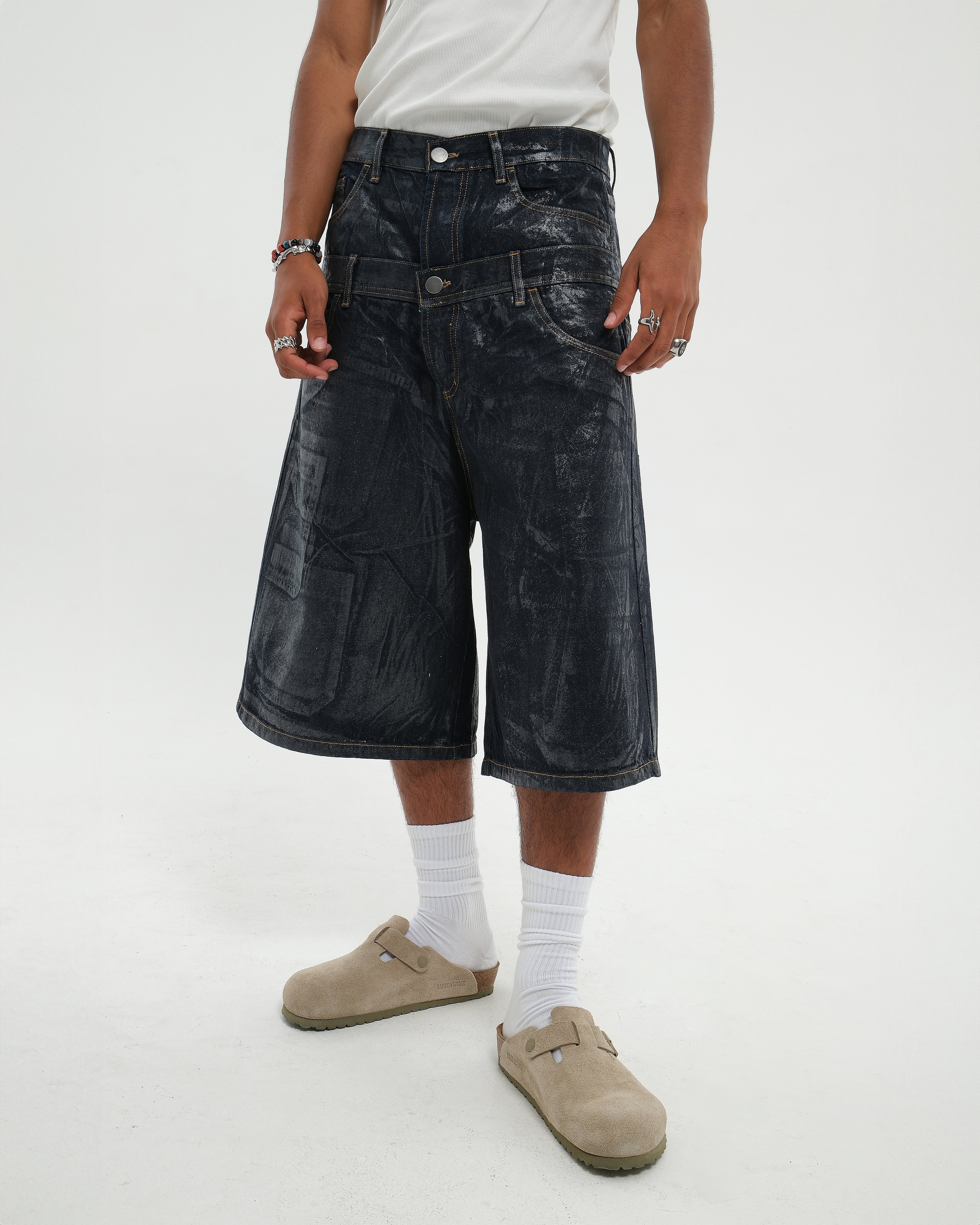 DOUBLE RAW DENIM JORTS