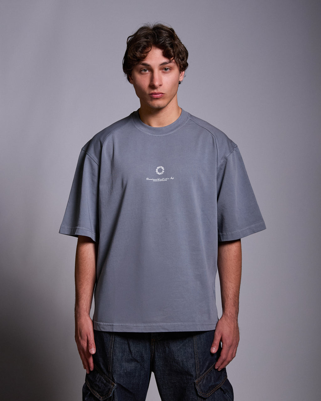 Butish T-shirt oversize cotone grigio stampa manica corta orlo