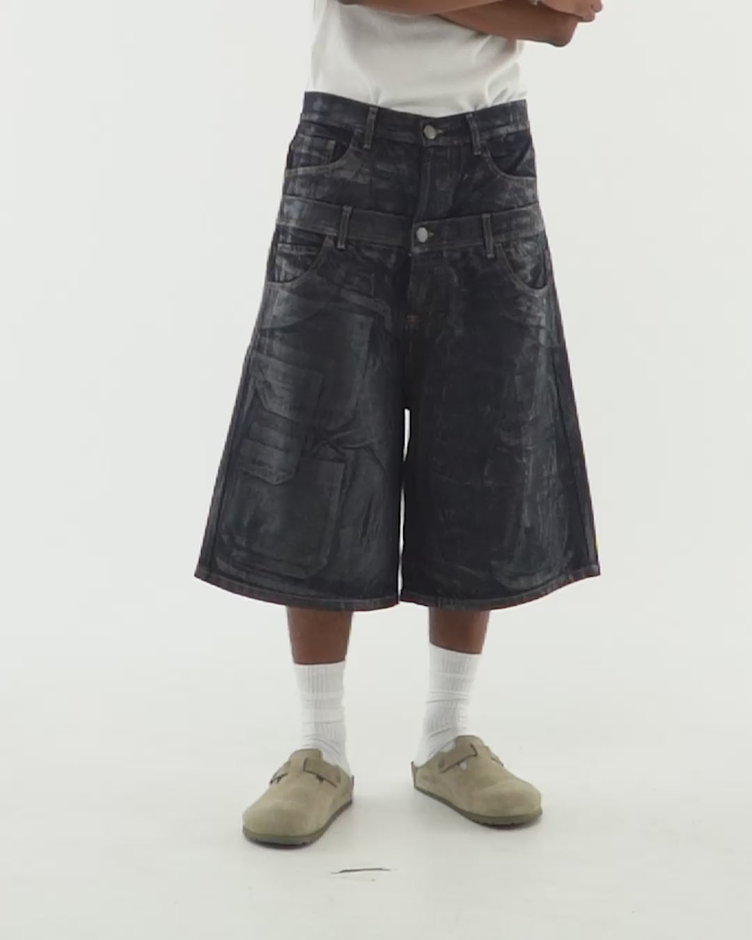 DOUBLE RAW DENIM JORTS
